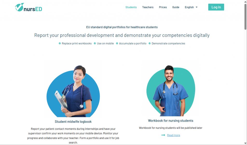 screep cap of the Nursed online service for portfolios for nursing students