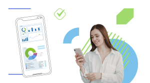 Kuvituskuva tehokas portfolio. Nainen katsoo matkapuhelimen ruutia.