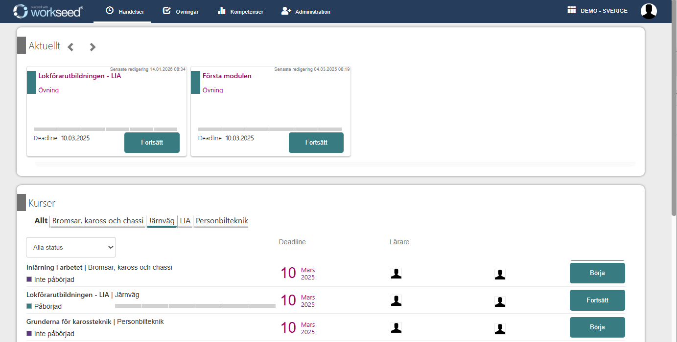 Händelser -vyn för studerande
